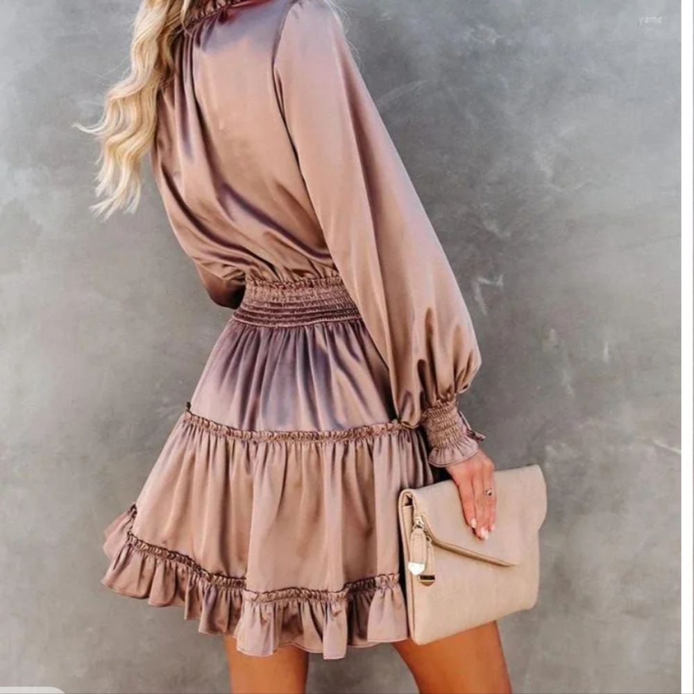 Aeom Satin Mauve Ruffled Long Sleeve Dress Small - Picture 3 of 16
